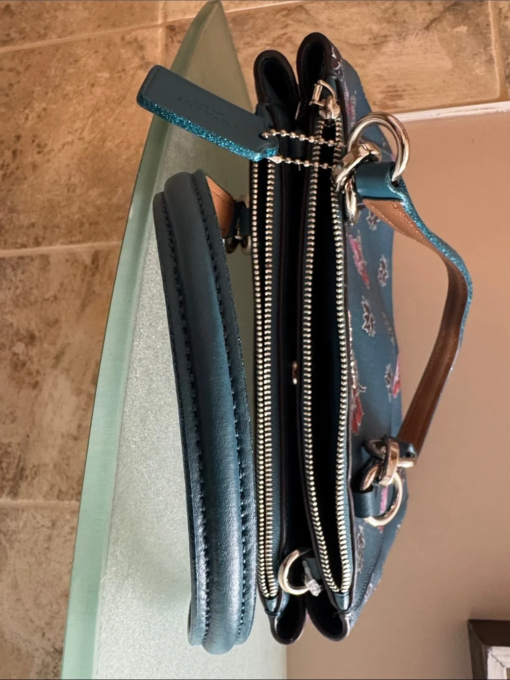 Coach Teal Floral Leather Shoulder Bag with Brown Strap Accent - Picture 6 of 10
